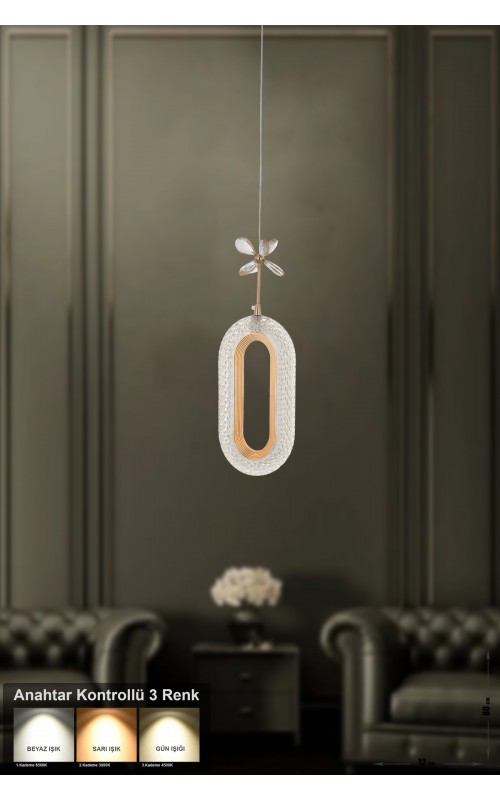 Avizemoda Sessi Tekli Power Ledli Modern Lüks Sarkıt Avize (3 RENK; SARI-BEYAZ-GÜN İŞIĞI) - Gold