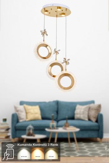 Avizemoda Ribera 3'lü Power Ledli Kumandalı Modern Lüks Sarkıt Avize, 3 Renk: Sarı-beyaz-gün Işığı - Gold