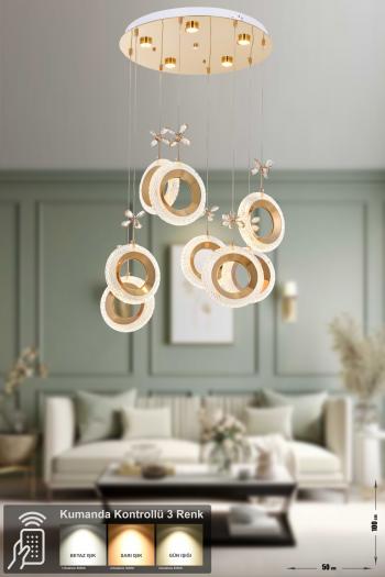 Avizemoda Ribera 8'li Power Ledli Kumandalı Modern Lüks Sarkıt Avize, 3 Renk: Sarı-beyaz-gün Işığı - Gold