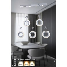 Avizemoda Ribera 5'li Power Ledli Kumandalı Modern Yemek Masası Üstü Avize, 3 Renk: Sarı-beyaz-gün Işığı-krom