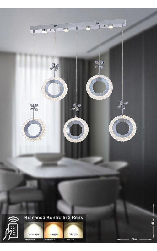 Avizemoda Ribera 5'li Power Ledli Kumandalı Modern Yemek Masası Üstü Avize, 3 Renk: Sarı-beyaz-gün Işığı-krom