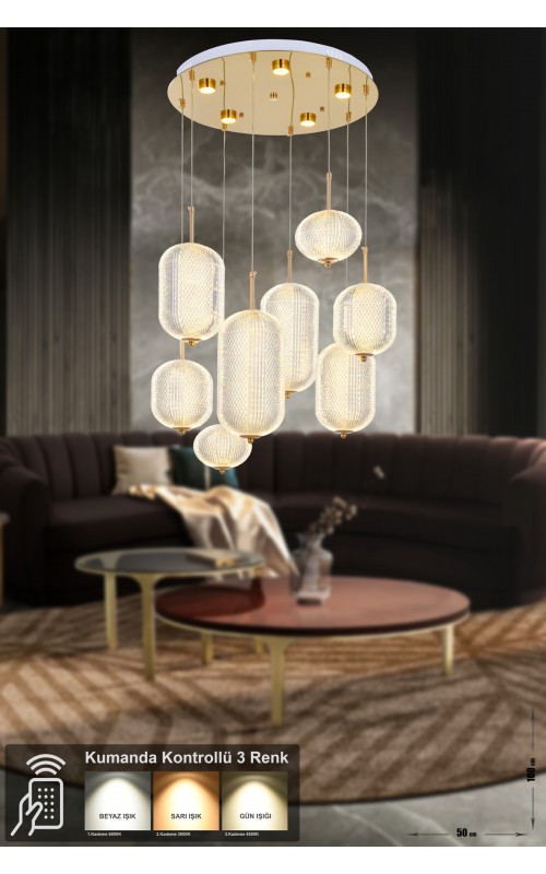 Avizemoda Torino 8'li Power Ledli Kumandalı Modern Lüks Sarkıt Avize, 3 Renk: Sarı-beyaz-gün Işığı - Gold