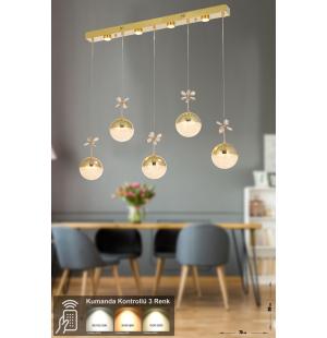 Avizemoda Forde 5'li Power Ledli Kumandalı Modern Yemek Masası Üstü Avize, 3 Renk: Sarı-beyaz-gün Işığı -gold