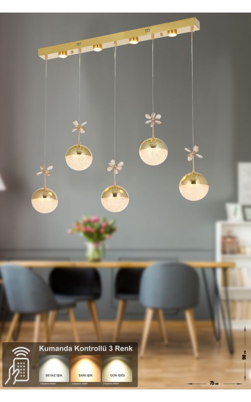 Avizemoda Forde 5'li Power Ledli Kumandalı Modern Yemek Masası Üstü Avize, 3 Renk: Sarı-beyaz-gün Işığı -gold