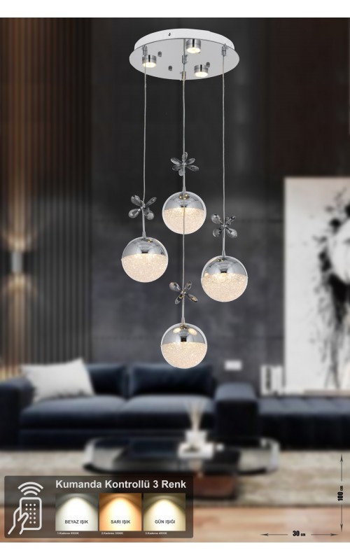 Avizemoda Forde 4'lü Power Ledli Kumandalı Modern Lüks Sarkıt Avize, 3 Renk: Sarı-beyaz-gün Işığı - Krom