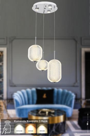 Avizemoda Torino 3'lü Power Ledli Kumandalı Modern Lüks Sarkıt Avize, 3 Renk: Sarı-beyaz-gün Işığı - Krom