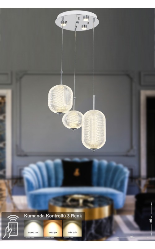 Avizemoda Torino 3'lü Power Ledli Kumandalı Modern Lüks Sarkıt Avize, 3 Renk: Sarı-beyaz-gün Işığı - Krom