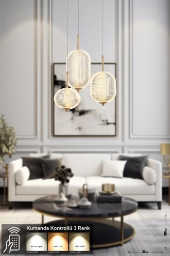 Avizemoda Torino 3'lü Power Ledli Kumandalı Modern Lüks Sarkıt Avize, 3 Renk: Sarı-beyaz-gün Işığı - Gold