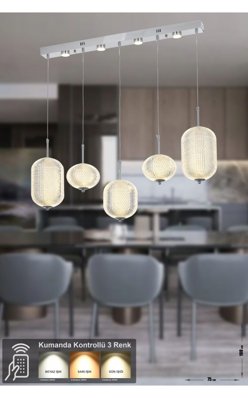 Avizemoda Torino 5'li Power Ledli Kumandalı Modern Yemek Masası Üstü Avize, 3 Renk: Sarı-beyaz-gün Işığı-krom