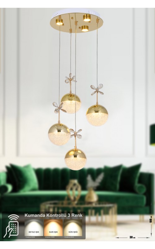 Avizemoda Forde 4'lü Power Ledli Kumandalı Modern Lüks Sarkıt Avize, 3 Renk: Sarı-beyaz-gün Işığı - Gold