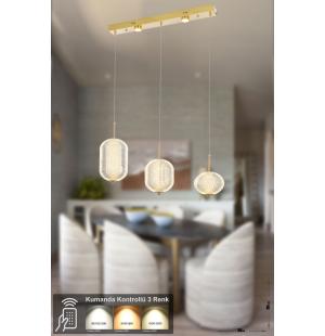 Avizemoda Torino 3'lü Power Ledli Kumandalı Modern Yemek Masası Üstü Avize, 3 Renk: Sarı-beyaz-gün Işığı-gold