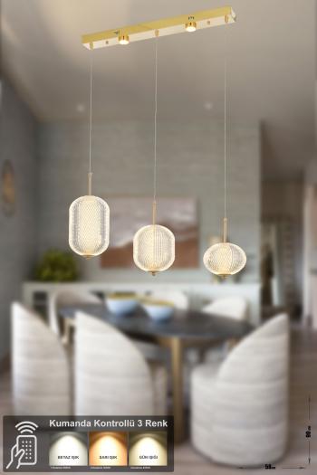Avizemoda Torino 3'lü Power Ledli Kumandalı Modern Yemek Masası Üstü Avize, 3 Renk: Sarı-beyaz-gün Işığı-gold