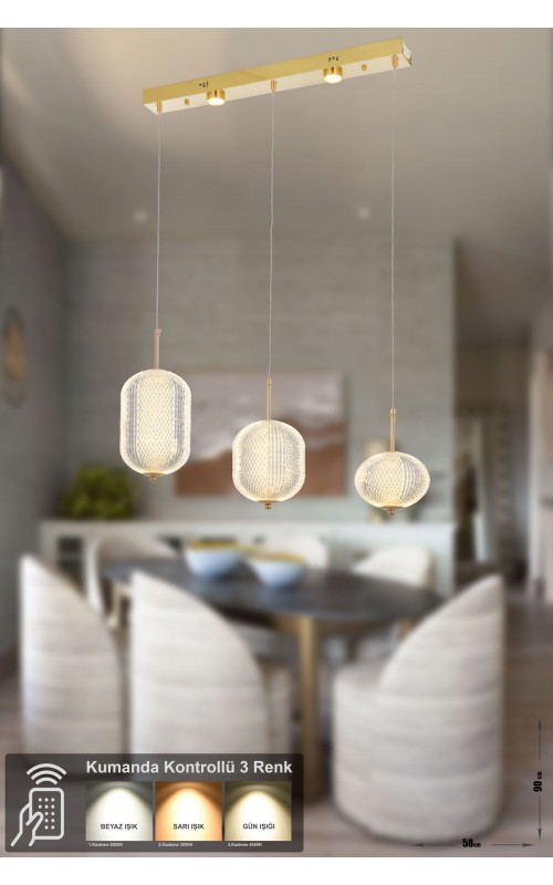 Avizemoda Torino 3'lü Power Ledli Kumandalı Modern Yemek Masası Üstü Avize, 3 Renk: Sarı-beyaz-gün Işığı-gold