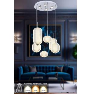 Avizemoda Torino 6'li Power Ledli Kumandalı Modern Lüks Sarkıt Avize, 3 Renk: Sarı-beyaz-gün Işığı - Krom