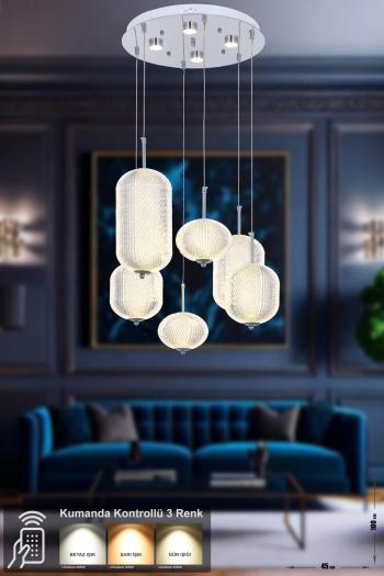 Avizemoda Torino 6'li Power Ledli Kumandalı Modern Lüks Sarkıt Avize, 3 Renk: Sarı-beyaz-gün Işığı - Krom