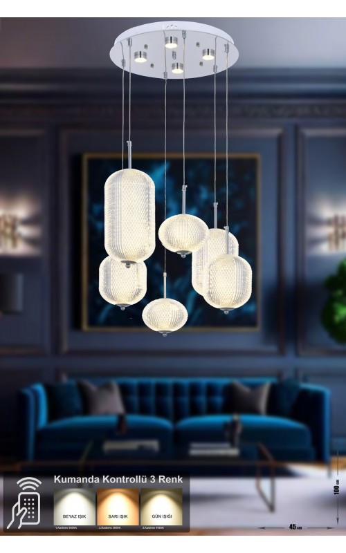 Avizemoda Torino 6'li Power Ledli Kumandalı Modern Lüks Sarkıt Avize, 3 Renk: Sarı-beyaz-gün Işığı - Krom