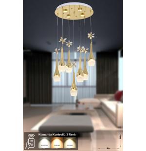 Avizemoda Lale 7'li Power Ledli Kumandalı Modern Lüks Sarkıt Avize, 3 Renk: Sarı-beyaz-gün Işığı - Gold