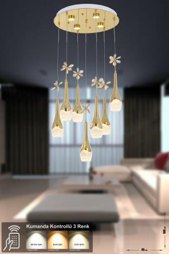 Avizemoda Lale 7'li Power Ledli Kumandalı Modern Lüks Sarkıt Avize, 3 Renk: Sarı-beyaz-gün Işığı - Gold