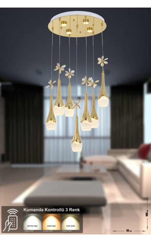 Avizemoda Lale 7'li Power Ledli Kumandalı Modern Lüks Sarkıt Avize, 3 Renk: Sarı-beyaz-gün Işığı - Gold