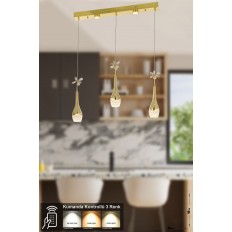 Avizemoda Lale 3'lü Power Ledli Kumandalı Modern Yemek Masası Üstü Avize, 3 Renk: Sarı-beyaz-gün Işığı - Gold