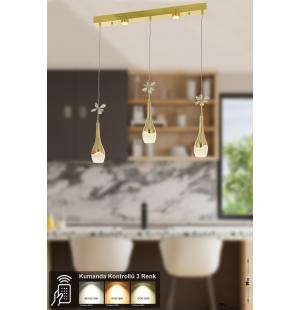 Avizemoda Lale 3'lü Power Ledli Kumandalı Modern Yemek Masası Üstü Avize, 3 Renk: Sarı-beyaz-gün Işığı - Gold