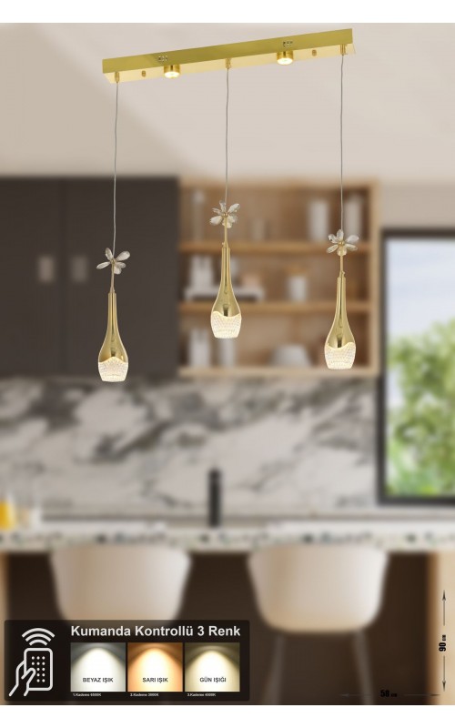 Avizemoda Lale 3'lü Power Ledli Kumandalı Modern Yemek Masası Üstü Avize, 3 Renk: Sarı-beyaz-gün Işığı - Gold