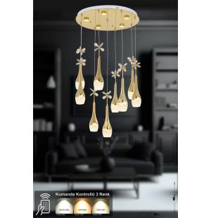 Avizemoda Lale 9'lu Power Ledli Kumandalı Modern Lüks Sarkıt Avize, 3 Renk: Sarı-beyaz-gün Işığı - Gold