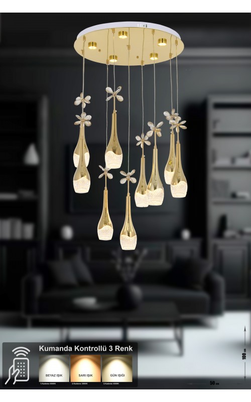 Avizemoda Lale 9'lu Power Ledli Kumandalı Modern Lüks Sarkıt Avize, 3 Renk: Sarı-beyaz-gün Işığı - Gold