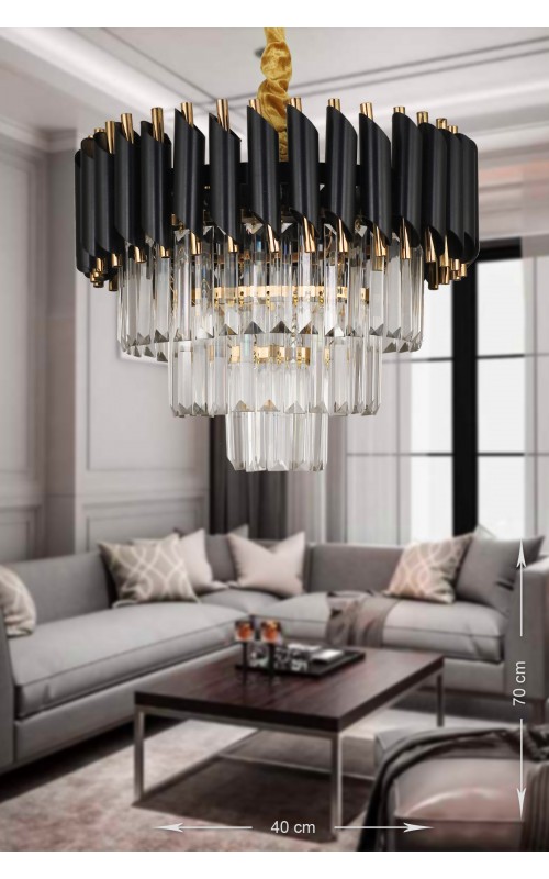 Avizemoda Palmira 40'lık Kristal Taşlı Lüks Avize - (siyah-gold)