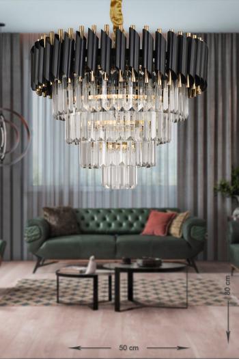 Avizemoda Palmira 50'lik Kristal Taşlı Lüks Avize - (siyah-gold)
