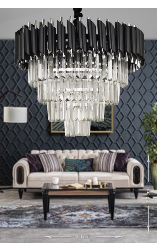 Avizemoda Palmira 50'lik Kristal Taşlı Lüks Avize - (siyah-krom)