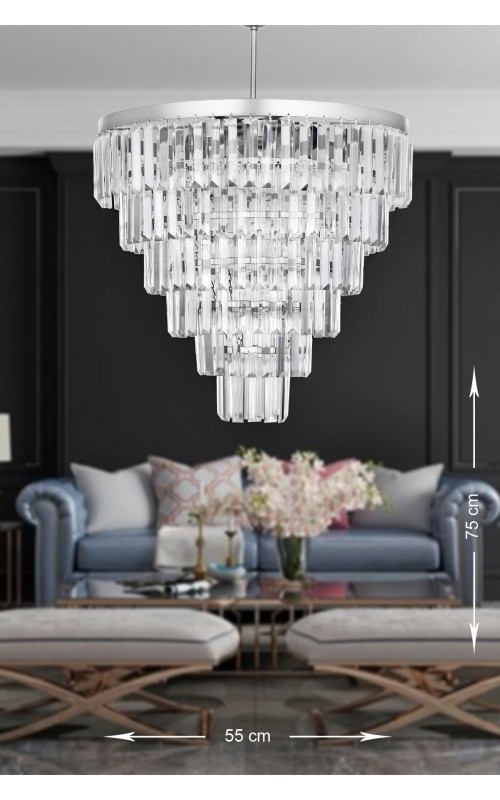 Avizemoda Linsa 55 Cm'lik Kristal Cam Taşlı Lüks Avize - (gümüş Yaldız)