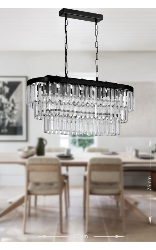 Avizemoda Linsa 70x30 Cm'lik Kristal Cam Taşlı Yemek Masası Üstü Lüks Avize - (mat Siyah)