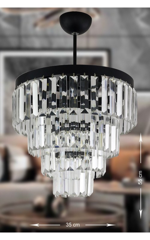 Avizemoda Linsa 35 Cm'lik Kristal Cam Taşlı Lüks Avize - (MAT SİYAH)