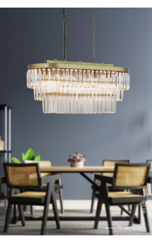 Avizemoda Linsa 70x30 Cm Kristal Cam Taşlı Yemek Masası Üstü Lüks Avize (ESKİTME RENK)