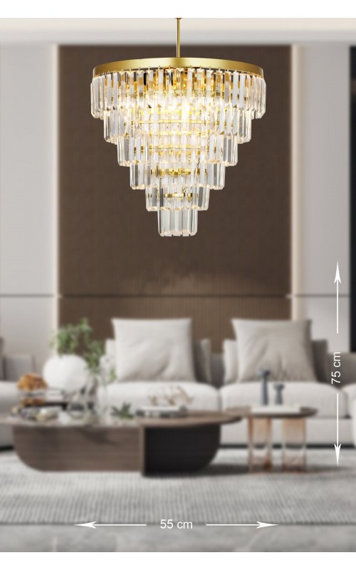 Avizemoda Linsa 55 Cm'lik Kristal Cam Taşlı Lüks Avize - (sarı Yaldız)