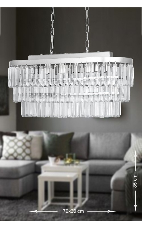 Avizemoda Linsa 70x30 Cm'lik Kristal Cam Taşlı Yemek Masası Üstü Lüks Avize - (gümüş Yaldız)