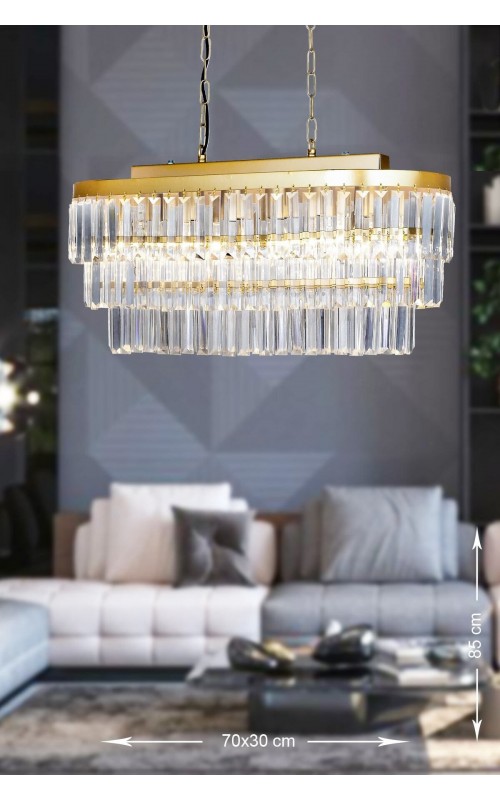 Avizemoda Linsa 70x30 Cm'lik Kristal Cam Taşlı Yemek Masası Üstü Lüks Avize - (sarı Yaldız)