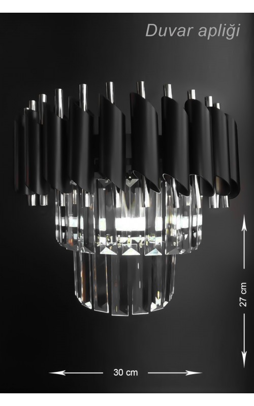 Avizemoda Taşlı Palmira Kristal Taşlı Lüks Aplik - (SİYAH-KROM) 1 Taş E14 Siyah