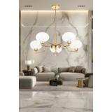 Avizemoda Vanna 5 li Beyaz Camlı Salon Oturma Odası Modern Sarkıt Avize - (Gold Kaplama)