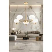 Avizemoda Vanna 5 li Beyaz Camlı Salon Oturma Odası Modern Sarkıt Avize - (Gold Kaplama)