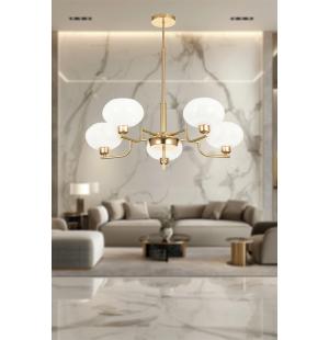 Avizemoda Vanna 5 li Beyaz Camlı Salon Oturma Odası Modern Sarkıt Avize - (Gold Kaplama)