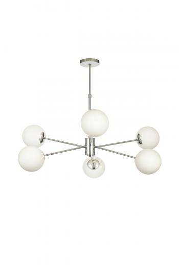 Avizemoda Pinza 6 lı Beyaz Camlı Salon Oturma Odası Modern Kollu Avize - (Krom Kaplama)