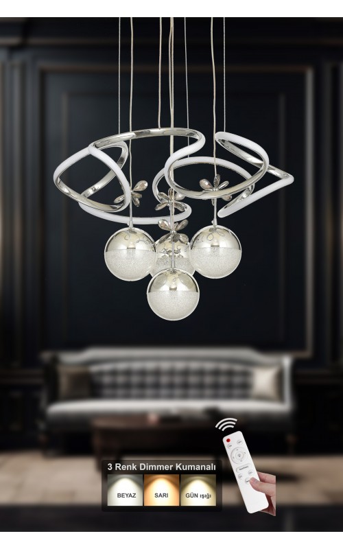 Avizemoda Helix 4'lü Power Ledli Dimmerli Kumandalı Modern Avize, 3 Renk: (sarı-beyaz-gün Işığı )- Krom
