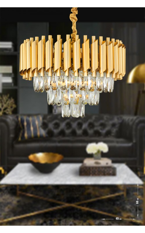 Avizemoda Palmira 45'lik Prizma Kesim Kristal Taşlı Lüks Avize - (SARI-YALDIZ)