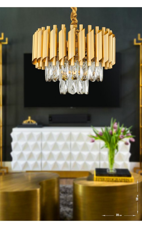 Avizemoda Palmira 35'lik Prizma Kesim Kristal Taşlı Lüks Avize - ( Sarı -yaldız )