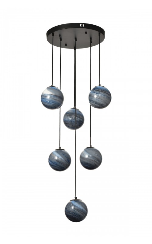 Avizemoda Galaksi 6 lı Gökyüzü Desen Camlı Salon Oturma Odası Modern Sarkıt Avize - (Siyah Kasa)