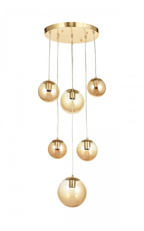 Avizemoda Pigaro 6 lı Bal Renk Camlı Salon Oturma Odası Modern Sarkıt Avize - (Gold Kaplama)