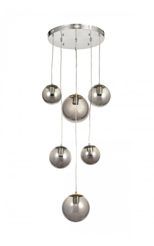 Avizemoda Pigaro 6 lı Füme Renk Camlı Salon Oturma Odası Modern Sarkıt Avize - (Krom Kaplama)