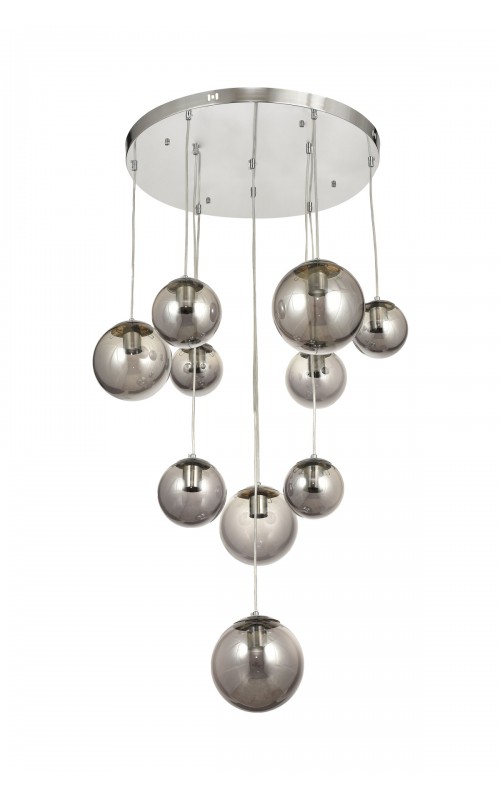 Avizemoda Pigaro 10 lu Füme Renk Camlı Salon Oturma Odası Modern Sarkıt Avize - (Krom Kaplama)